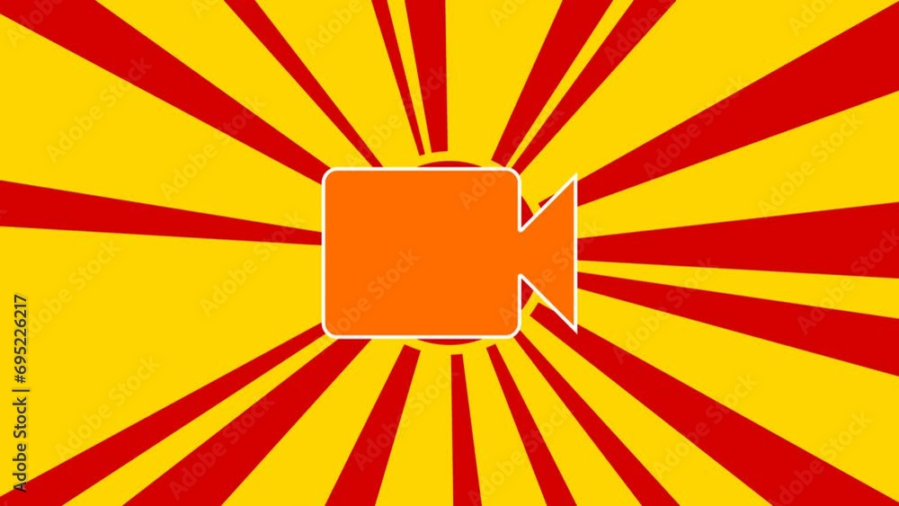 Poster video camera symbol on the background of animation from moving rays of the sun. large orange symbol 