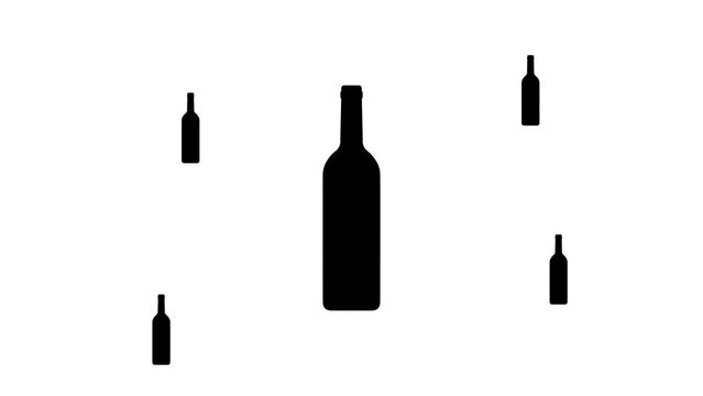 Zoom in and out animation the beer bottle symbol. Large black symbol in the center and four small symbols around. Seamless looped 4k animation on white background