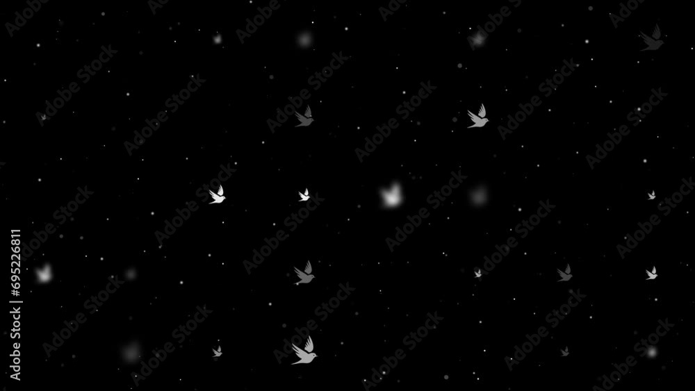 Poster template animation of evenly spaced bird symbols of different sizes and opacity. animation of transp