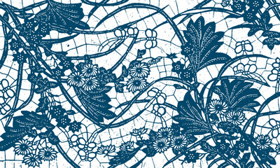 Japanese Oriental Pattern. Oriental Ornament Elements. Indigo Blue with Gold Textile Design. Golden, Navy Blue Background. Textile, Fabric Print.