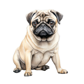 A pug sitting watercolor clipart on transparent background