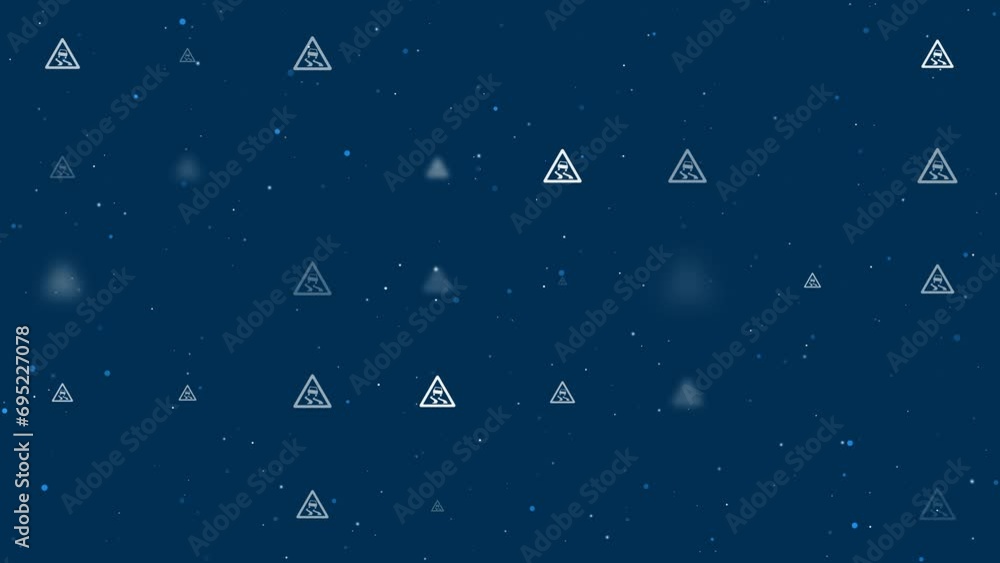 Poster template animation of evenly spaced slippery road signs of different sizes and opacity. animation of