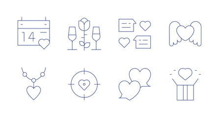 Valentine's Day icons. Editable stroke. Containing calendar, necklace, rose, love, chat, conversation, present, heart.