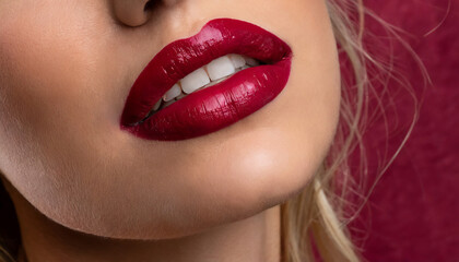 Bold and Beautiful: A Close-Up of Glamorous Red Lip Makeup on a Young Woman