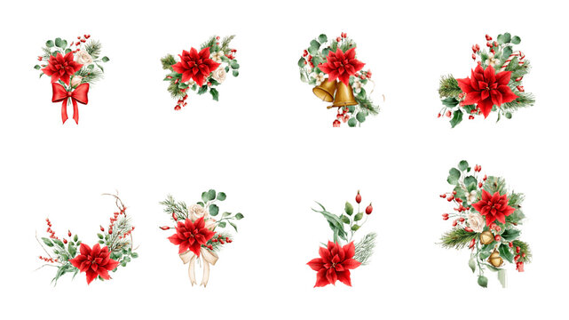 Christmas Floral Arrangement Clipart: Watercolor Winter Plants for Greeting Card and Invitation. Generative AIChristmas, floral arrangement, clipart, watercolor illustration, winter plants, poinsettia
