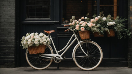 White vintage bicycle with flowers on black brick wall background. generative AI