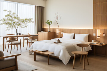 Fototapeta na wymiar A hotel room with a minimalist Japanese aesthetic, clean lines, and tranquil decor