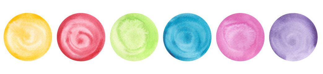 A set of multicolored round backgrounds isolated on a white background hand-drawn. Watercolor texture spots circles dots. A decorative element for design and decoration.
