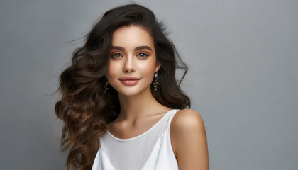 Fototapeta premium Model Beauty: Young Woman with Attractive Smile and Long Brunette Hair