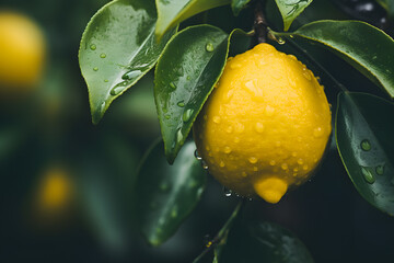 Close up of fresh lemon fruit growing on tree