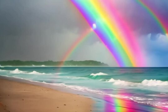 Beach with beautiful rainbow after rain Generative AI. Virtual video scene animated background