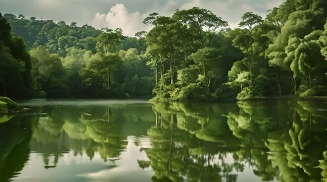 beautiful wood lake jugle Generative AI. Virtual video scene animated background