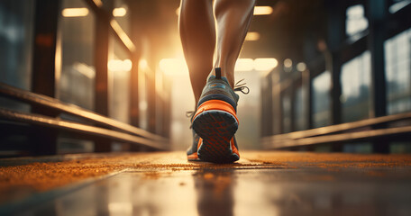 Back view of unrecognizable male legs running. Male feet jogging