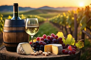 Obraz premium Bottle of wine, glass of wine, assorted cheese and grapes in vineyard at sunset.Generative AI.