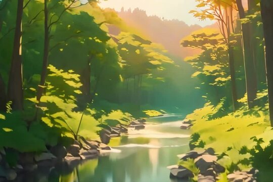 A river flowing through a lush forest in the sunrise Generative AI. Virtual video scene animated background