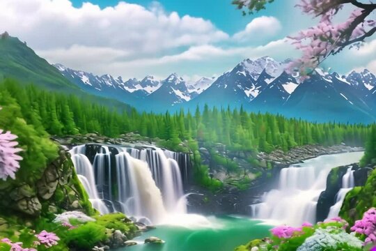 Mountains with flowing waterfalls surrounded by flowers and trees Generative AI. Virtual video scene animated background