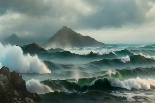 Seascape new zealand beach waves Generative AI. Virtual video scene animated background