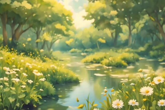 Sparkling river surrounded by pretty flowers in a beautiful summer morning Generative AI. Virtual video scene animated background