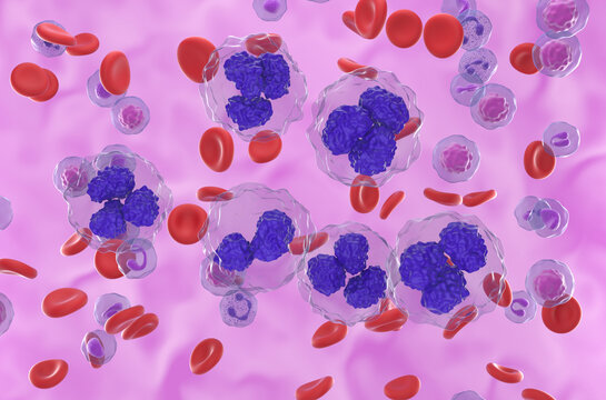 Follicular lymphoma (FL) cells in blood flow - isometric view 3d illustration