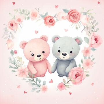 Heart-shaped background, open center, romantic, pastel colors, with two cute cartoon bears in the corner of the image below. Decorated with flowers and small plants.