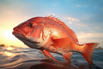 A picture of a large red fish standing on top of a body of water. This image can be used to depict aquatic life, fishing, or nature scenes