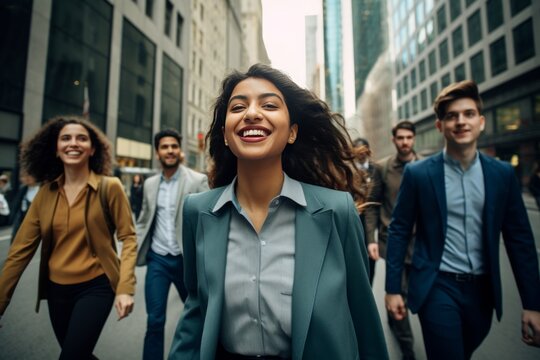 a group of young cheerful office business workers young professionals or students interns wearing suits and walking down the busy street with skyscrapers