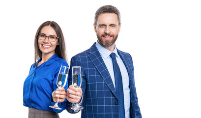 Businesspeople making toast celebrating office party. Business partner attending event at convention center. Celebrating their victory. Businesspeople drinking champagne socializing. Party in office