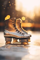 Ice skates resting on a sidewalk, ready for a winter adventure. Perfect for winter sports or outdoor activities