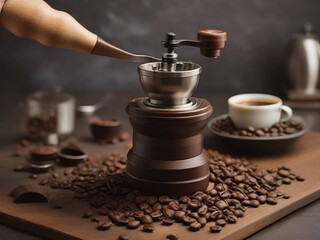 manual chocolate coffee grinder surrounded by coffee groups