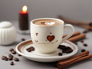 coffee with heart cream and cinnamon stick on white ceramic saucer