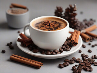 coffee cup surrounded by cinnamon sticks on a white ceramic plate