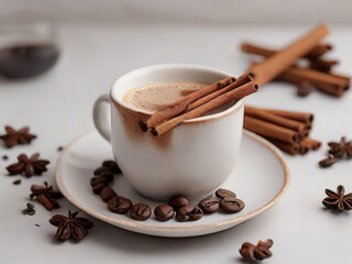 coffee cup surrounded by cinnamon sticks on a white ceramic plate