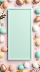 a top view flat lay easter background border with copy space in the middle: pastel pink and mint...