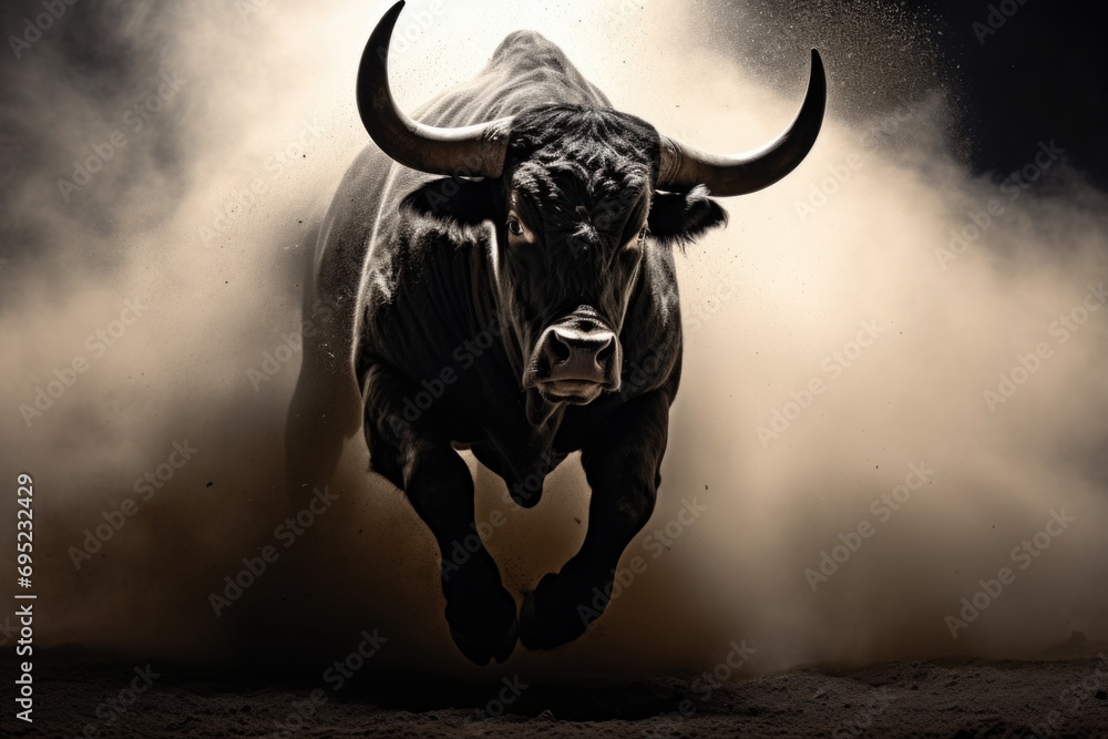 Poster a powerful bull running through a field covered in dust. this image can be used to depict strength, 