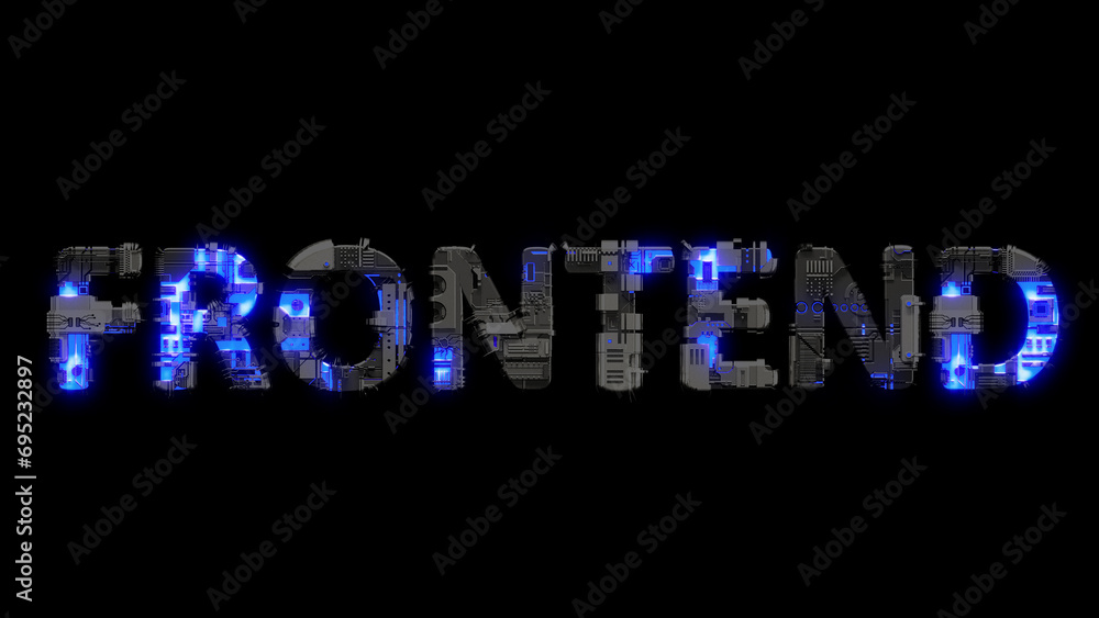 Poster modern cybernetical text frontend shining blue electric light, isolated - object 3d rendering
