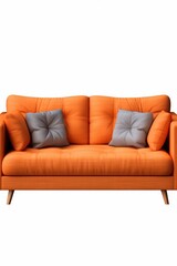 An image of an orange couch with two pillows on top. This picture can be used to showcase modern furniture or for interior design inspiration