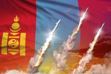Mongolia supersonic missile launch - modern strategic nuclear rocket weapons concept on sunset background, military industrial 3D illustration with flag