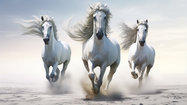 three unusual fairytale running horses, in a dynamic pose