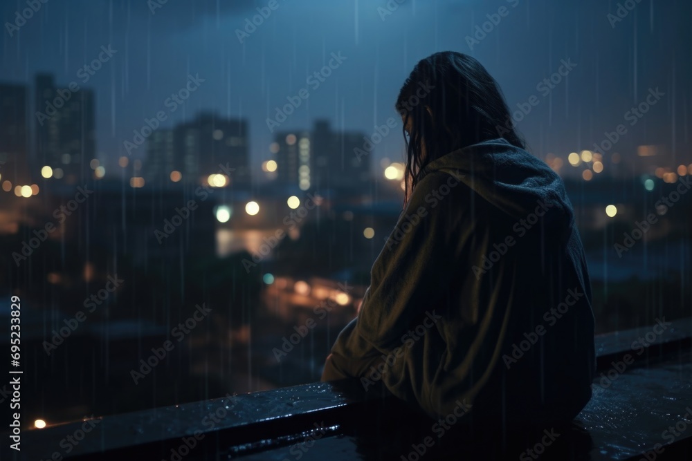 Poster a person is sitting on a ledge in the rain. this image can be used to depict solitude or contemplati
