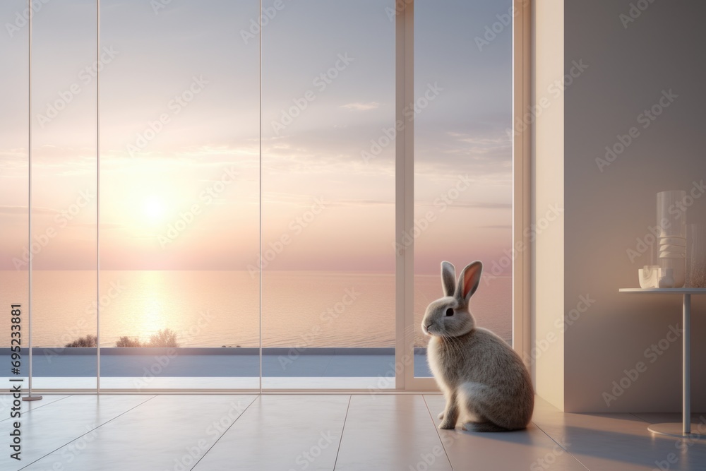 Poster a rabbit sits on the floor in front of a window. this image can be used to depict a cute and curious