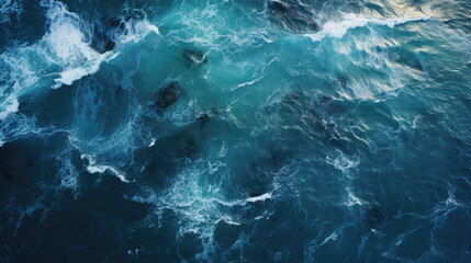 Top View Waves of the Ocean Sea - Background of Seawater Flow Under Light Exposure. A Serene Coastal Scene Capturing the Natural Beauty of Oceanic Waves and Water Movement - obrazy, fototapety, plakaty