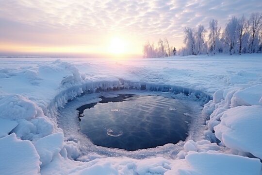 A frozen pond in the middle of a snow covered field. Can be used to depict winter landscapes or outdoor activities in cold weather