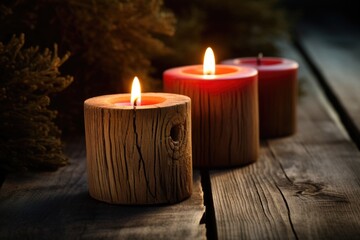Two lit candles sitting on a wooden table. Perfect for creating a warm and cozy ambiance. Ideal for home decor or relaxation-themed designs