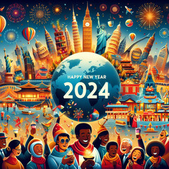 Happy New Year 2024 with a welcome celebration by everyone in the world