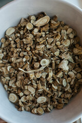 Close up of dried and cut Marshmallow root