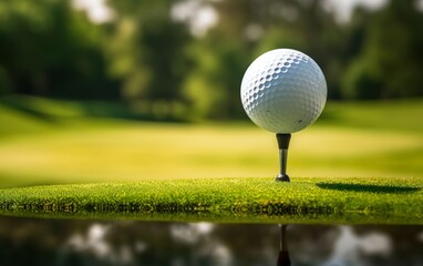 Poster with a golf ball on tee on the grass field. AI Generative.