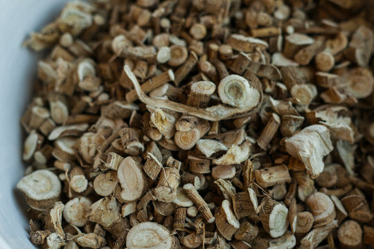 Close up of dried and cut Marshmallow root