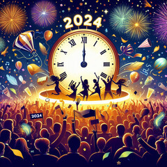 Happy new year 2024 with an illustration of everyone celebrating in front of a big clock