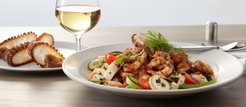 Italian octopus and potato salad served with bread, white wine, and salad on a white table.