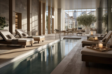 A hotel spa area with a tranquil indoor pool, loungers, and soft, natural lighting